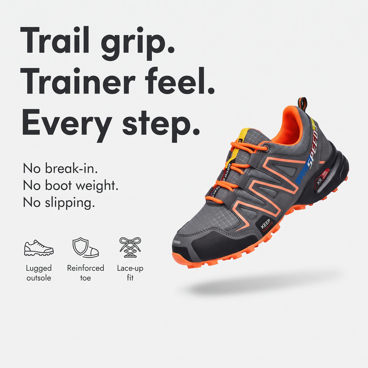 Trail grip, trainer feel - key features graphic