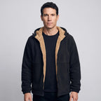 Men's sherpa jacket in Black worn open over a black T-shirt