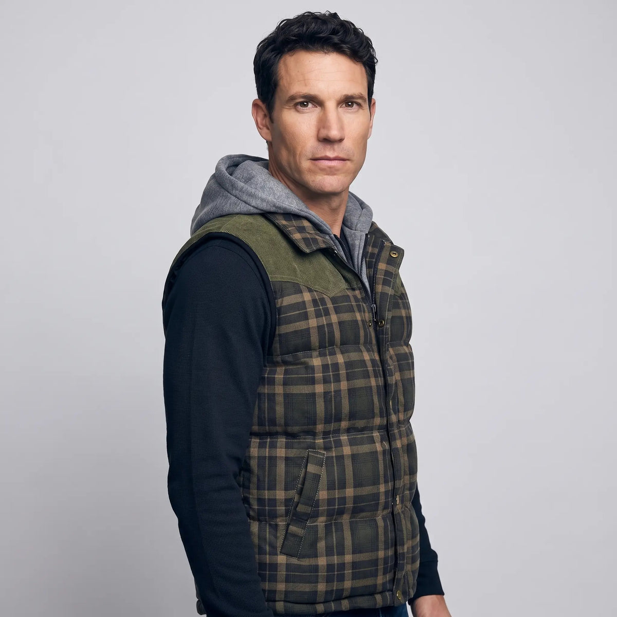 Olive Large Check hooded gilet worn - side view