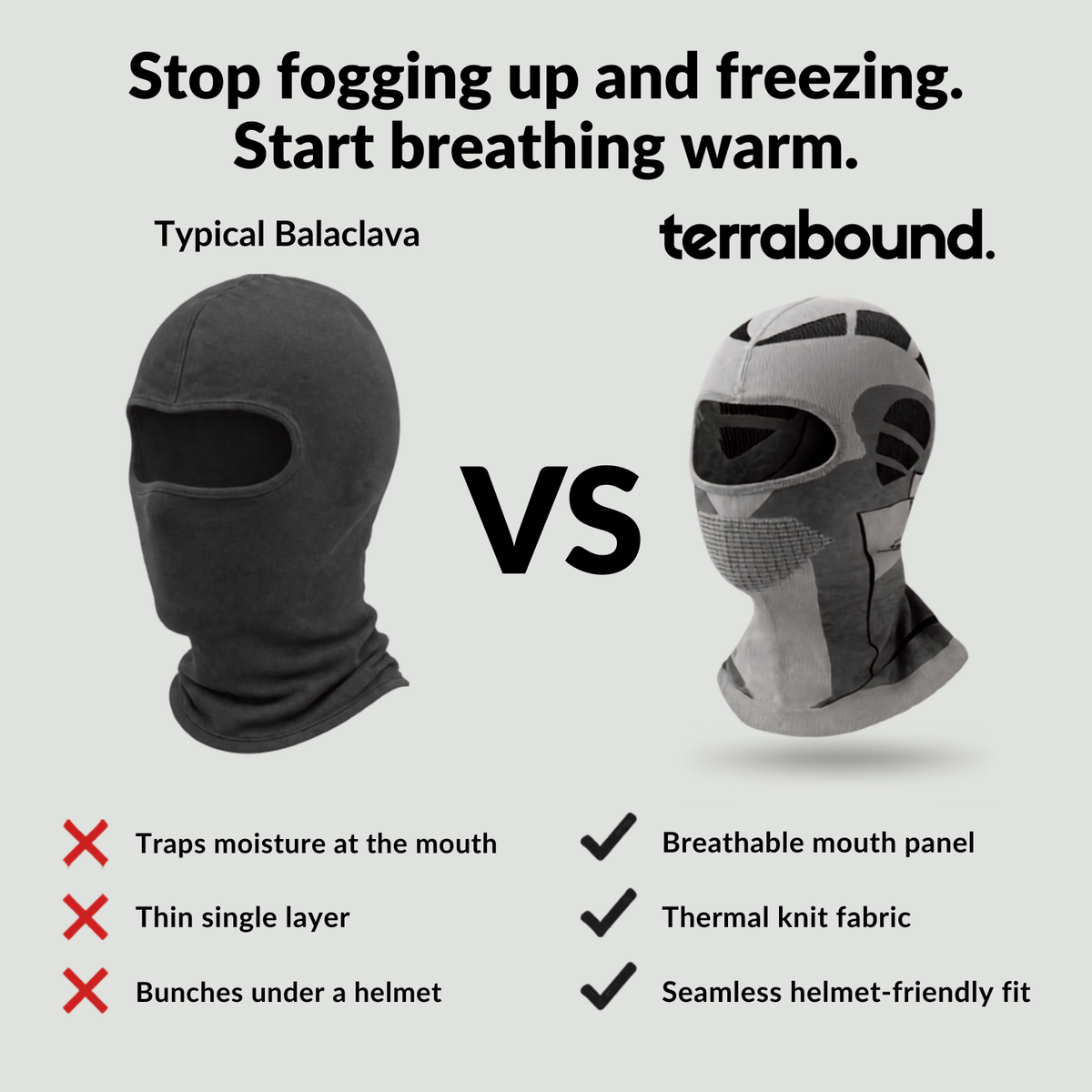 Comparison panel: a typical balaclava traps moisture at the mouth and bunches under a helmet, against the Terrabound breathable mouth panel, thermal knit and seamless helmet-friendly fit