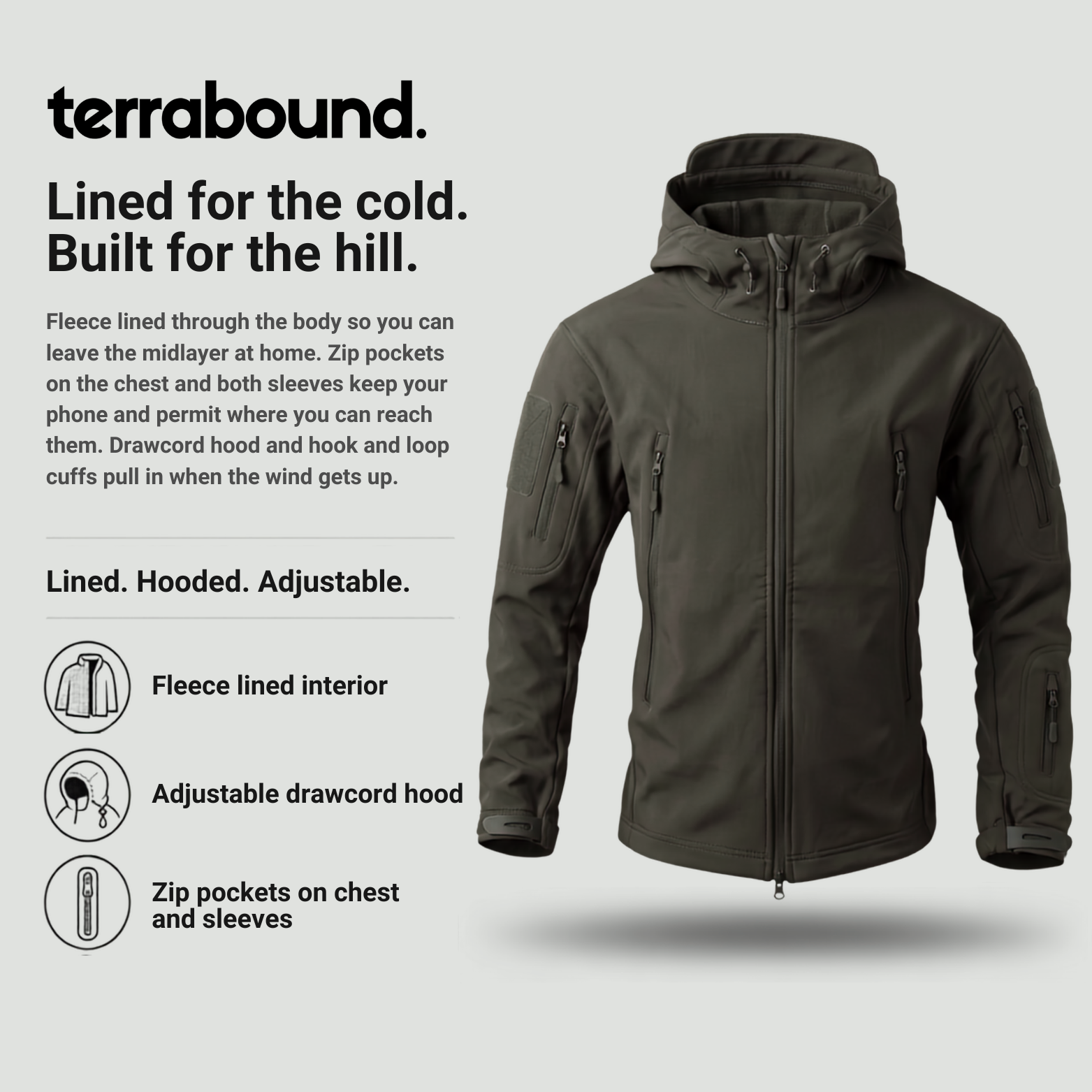 Mens Softshell Jacket – Fleece Lined Hooded Military Style Coat with Zip Pockets