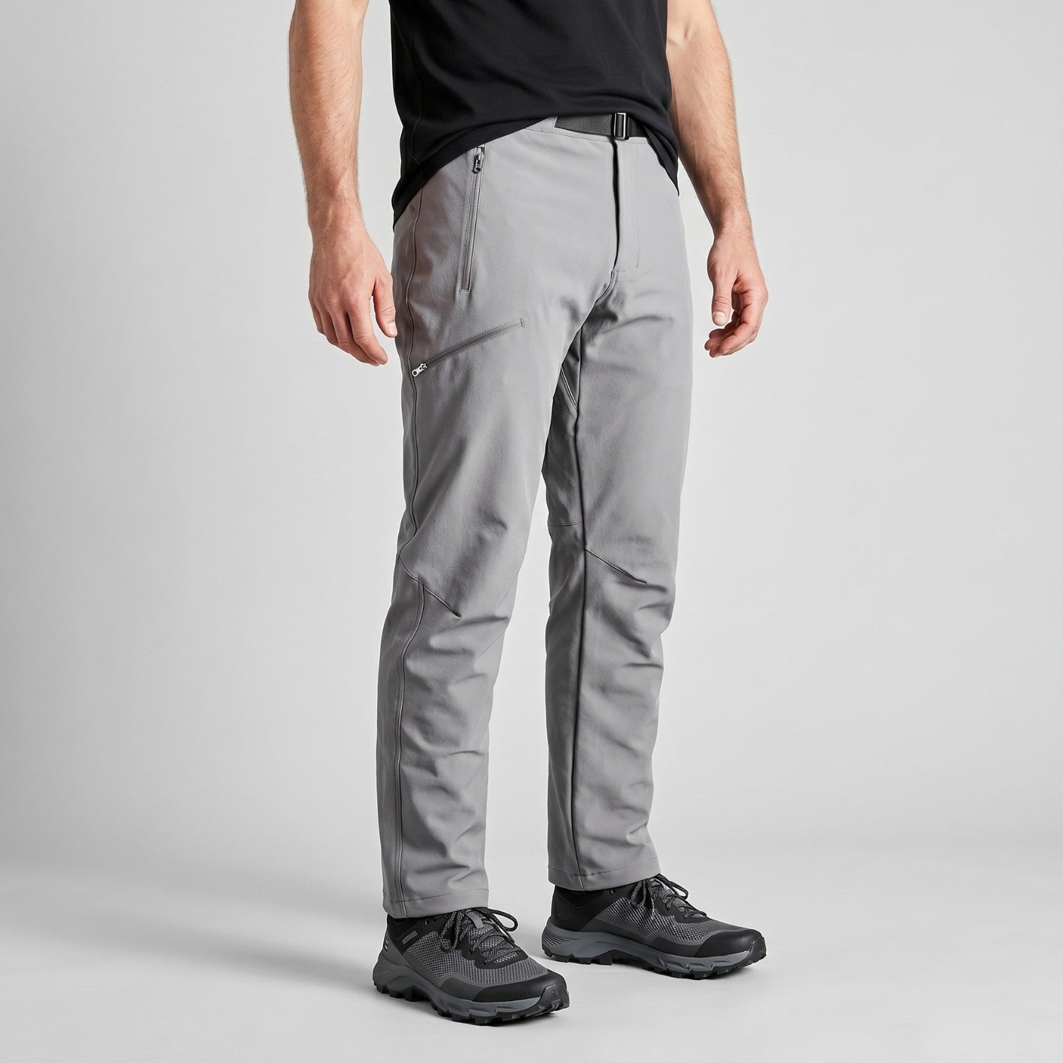 Men's grey walking trousers worn, three-quarter view
