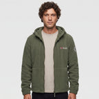 Men's army green windproof fleece jacket worn, front view