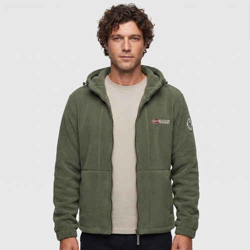 Men's army green windproof fleece jacket worn, front view