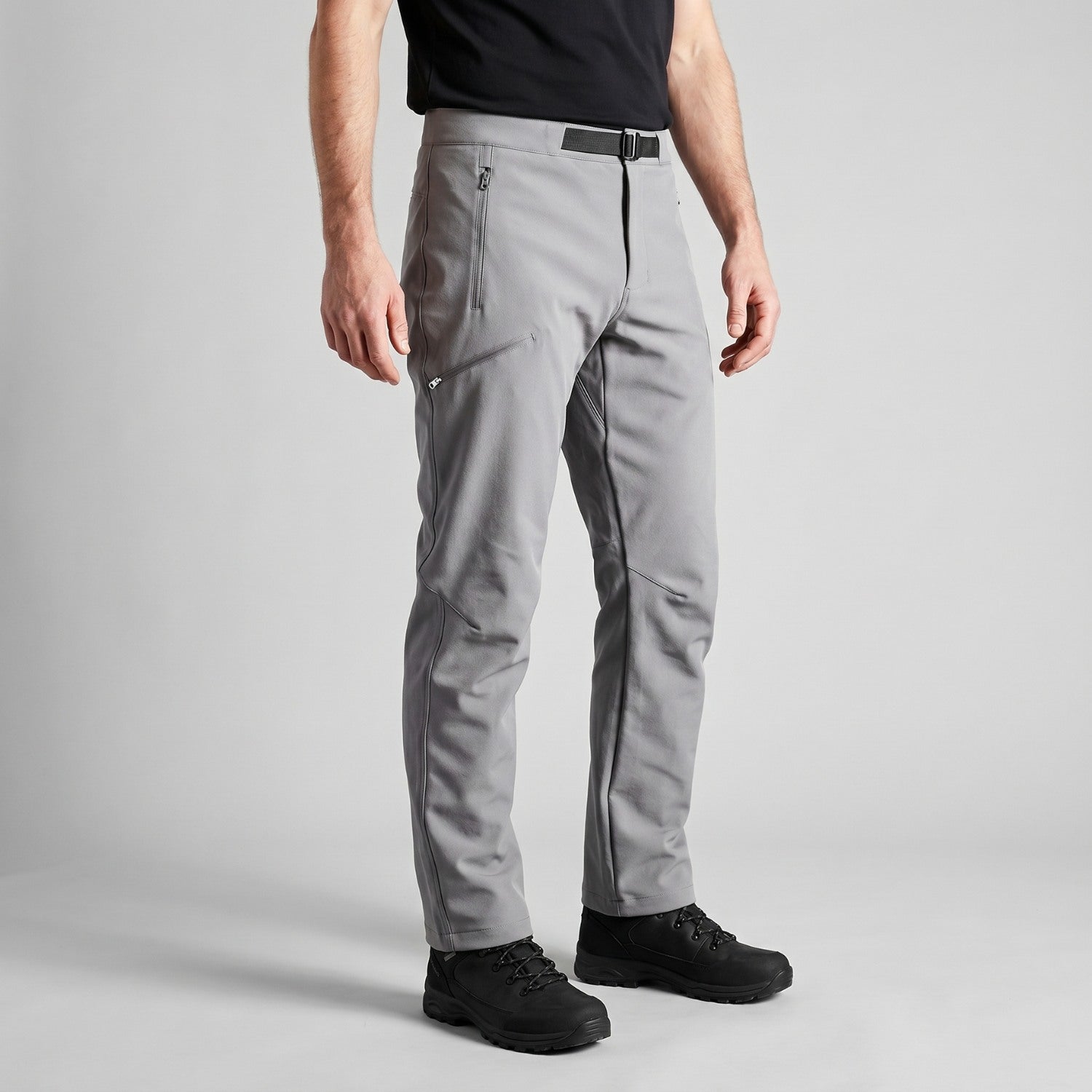 Men's grey walking trousers worn, side view