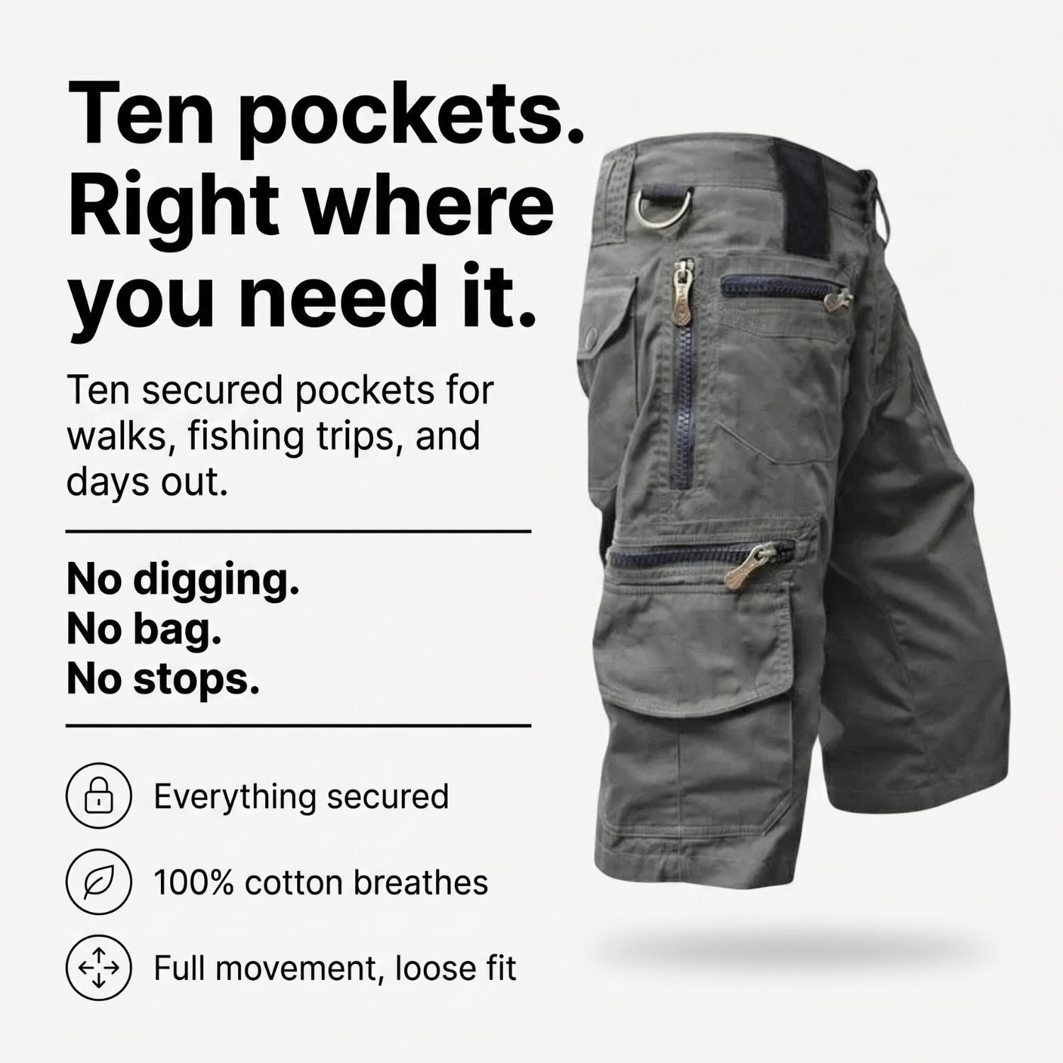 Men's Outdoor Cargo Shorts - 10 Pocket Cotton - Hiking & Fishing Shorts