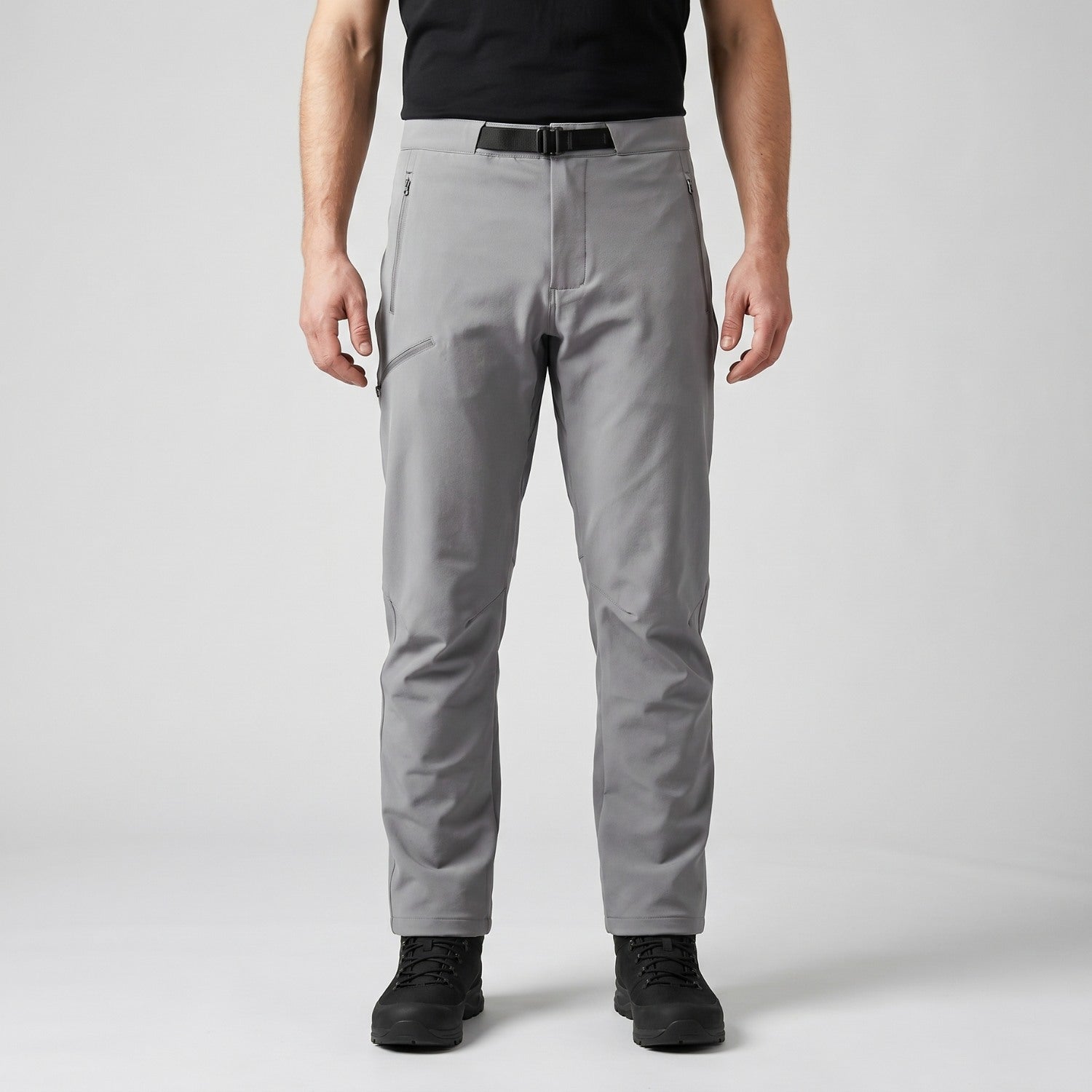 Men's grey walking trousers worn, front view