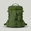 Green tactical fishing backpack with built-in rod holders, front view