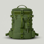 Green tactical fishing backpack with built-in rod holders, front view