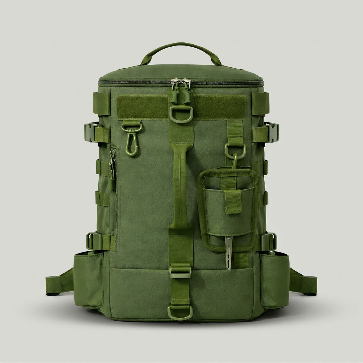 Green tactical fishing backpack with built-in rod holders, front view