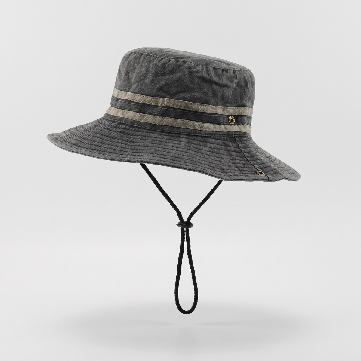 Women's wide brim sun hat in Charcoal with stone striped band and black chin cord