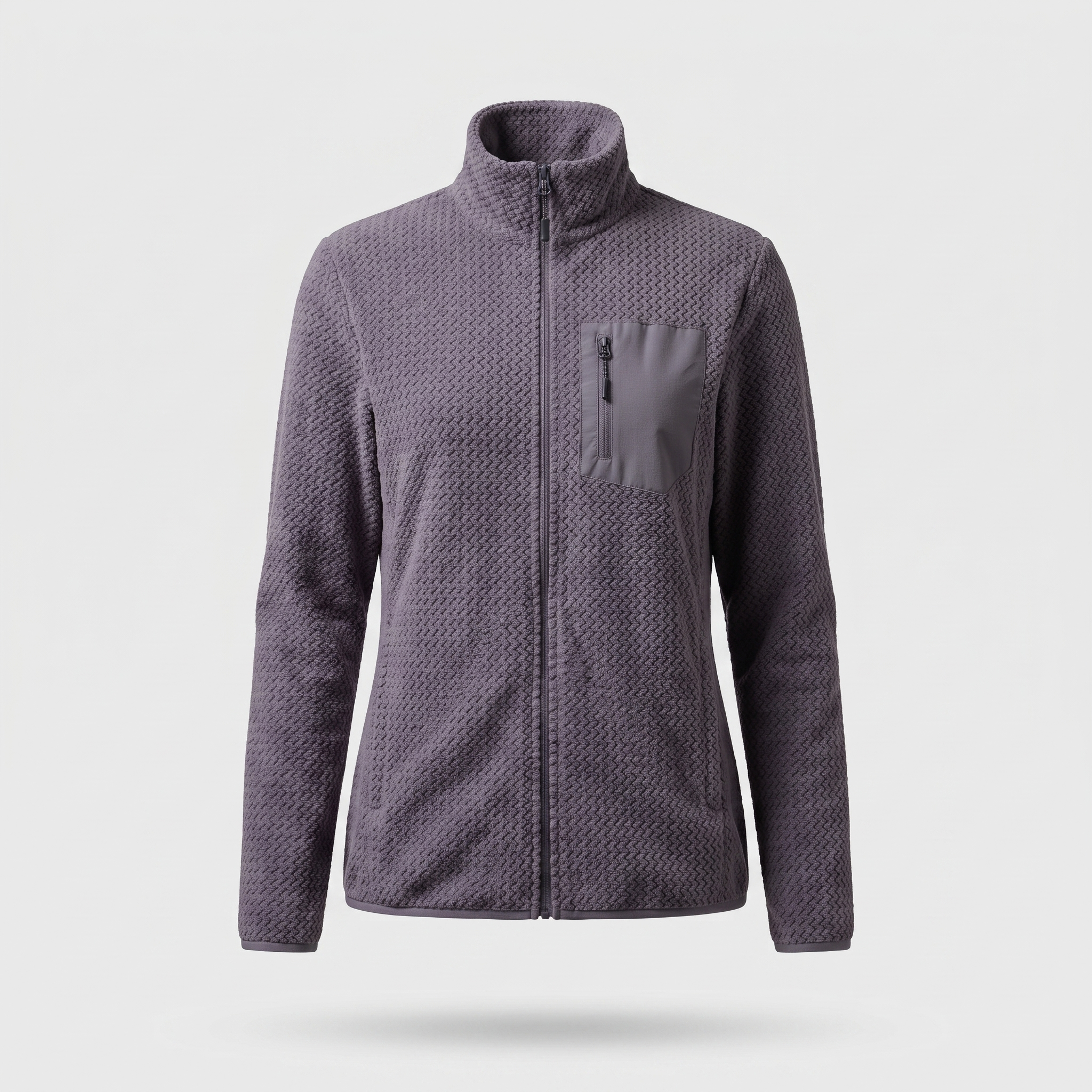 Women's grey jacquard fleece jacket, full zip, front view