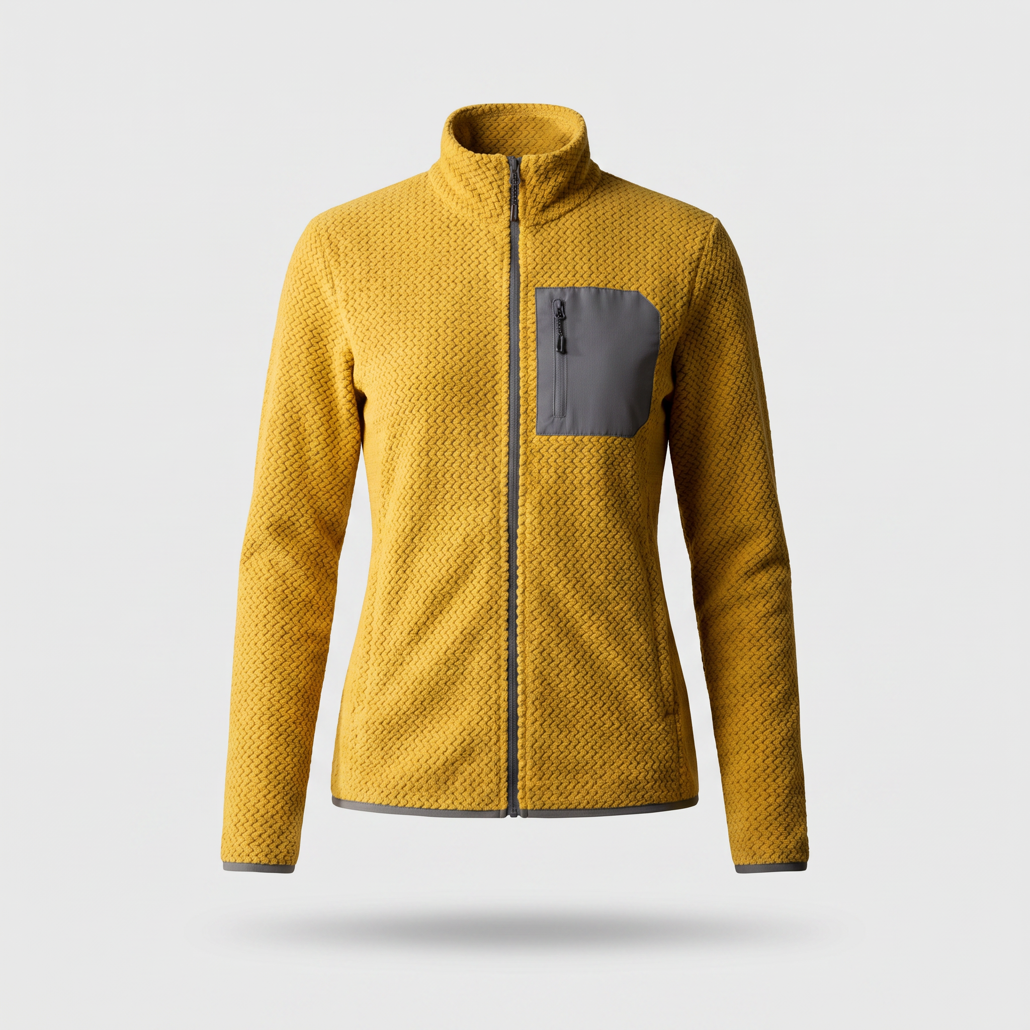 Women's mustard jacquard fleece jacket, full zip, front view