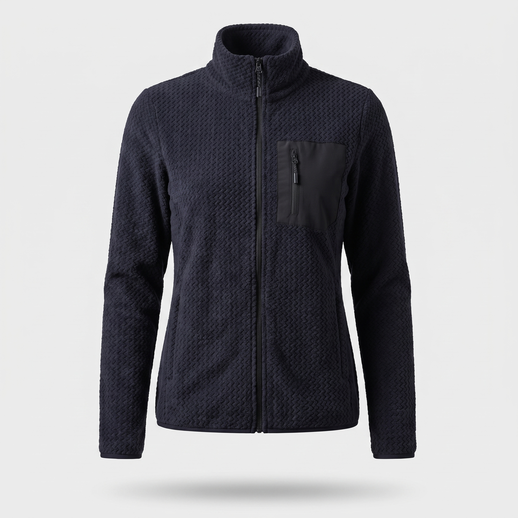 Women's navy jacquard fleece jacket, full zip, front view