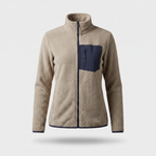 Women's oatmeal jacquard fleece jacket, full zip, front view