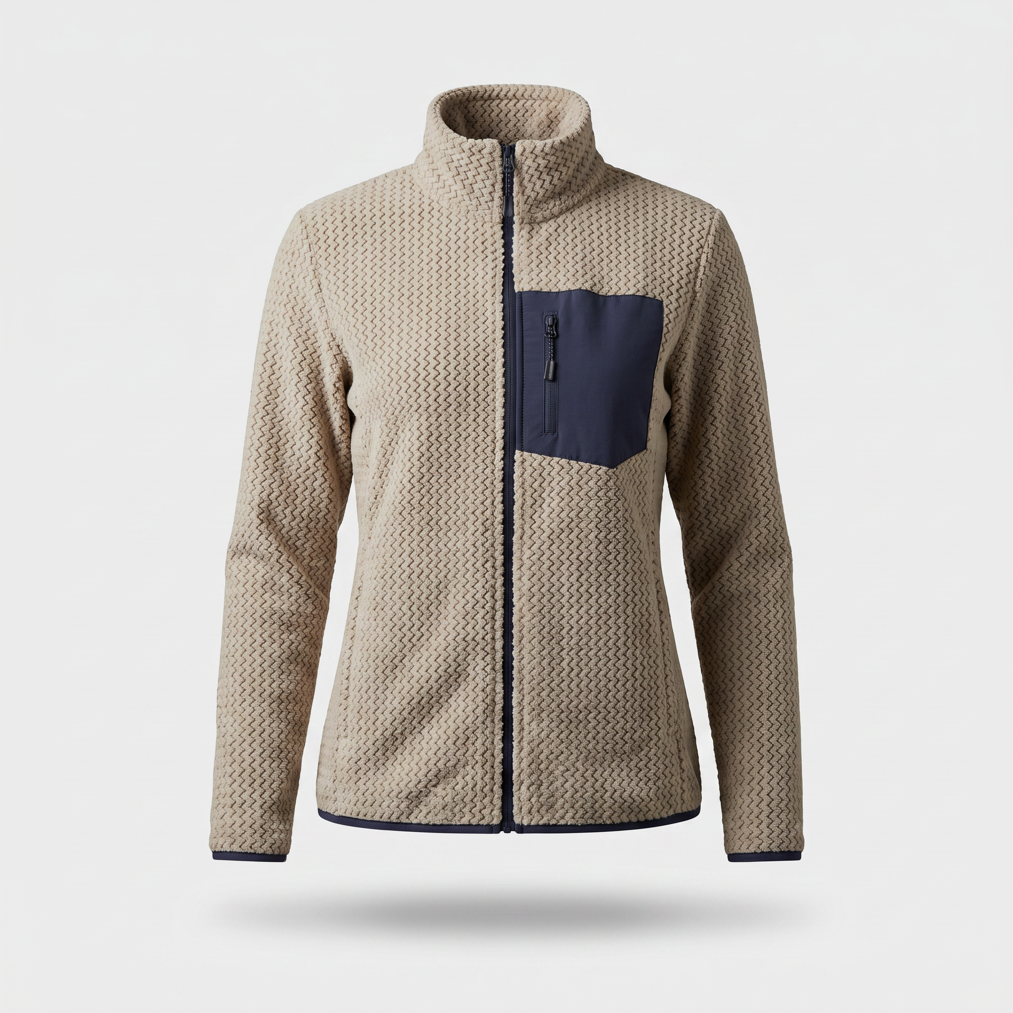 Women's oatmeal jacquard fleece jacket, full zip, front view