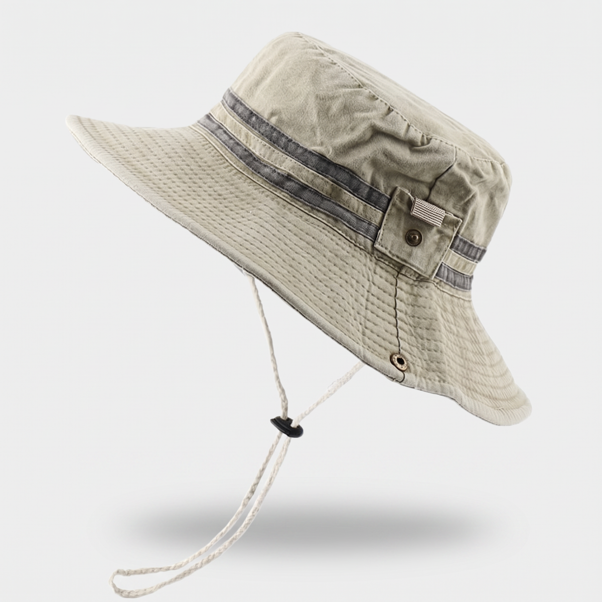 Women's wide brim sun hat in Khaki with striped band and braided chin cord