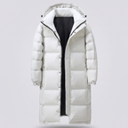 Men's long puffer coat in White, front view with black lining