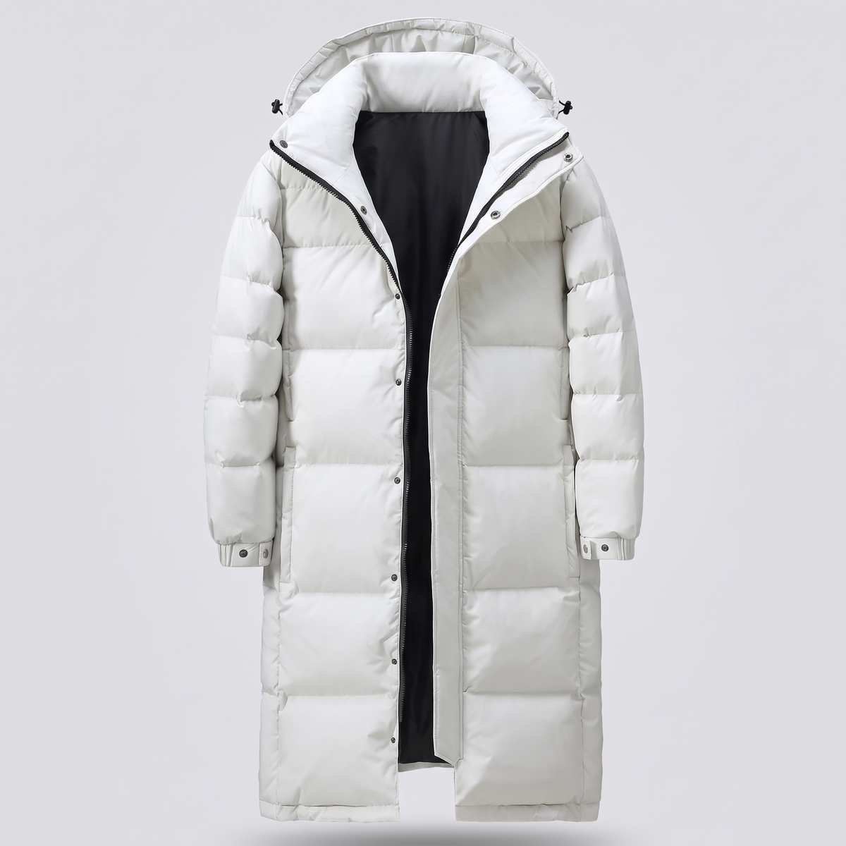 Men's long puffer coat in White, front view with black lining