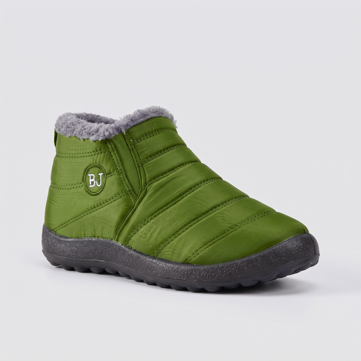 Women's slip-on snow boots, faux fur lined, Army Green, side view