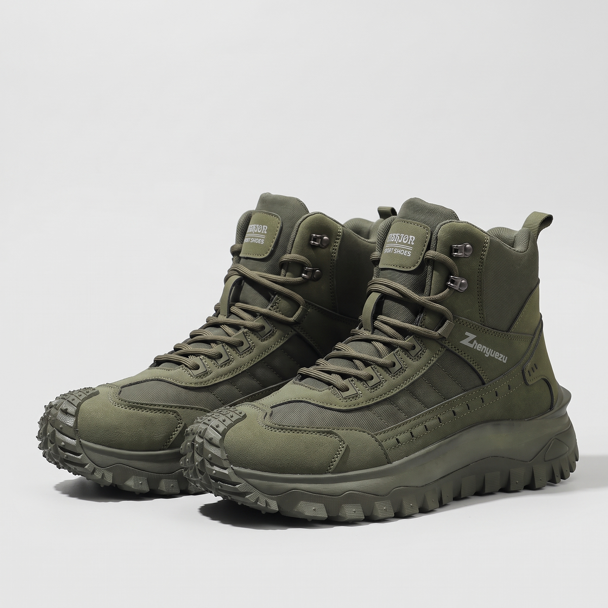 Men's Walking Boots in Army Green, pair, three-quarter view