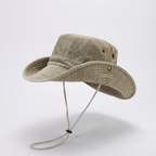 Wide brim sun hat in Beige washed cotton with light chin cord