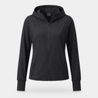 Women's zip-up sun hoodie in black, front view on an invisible mannequin