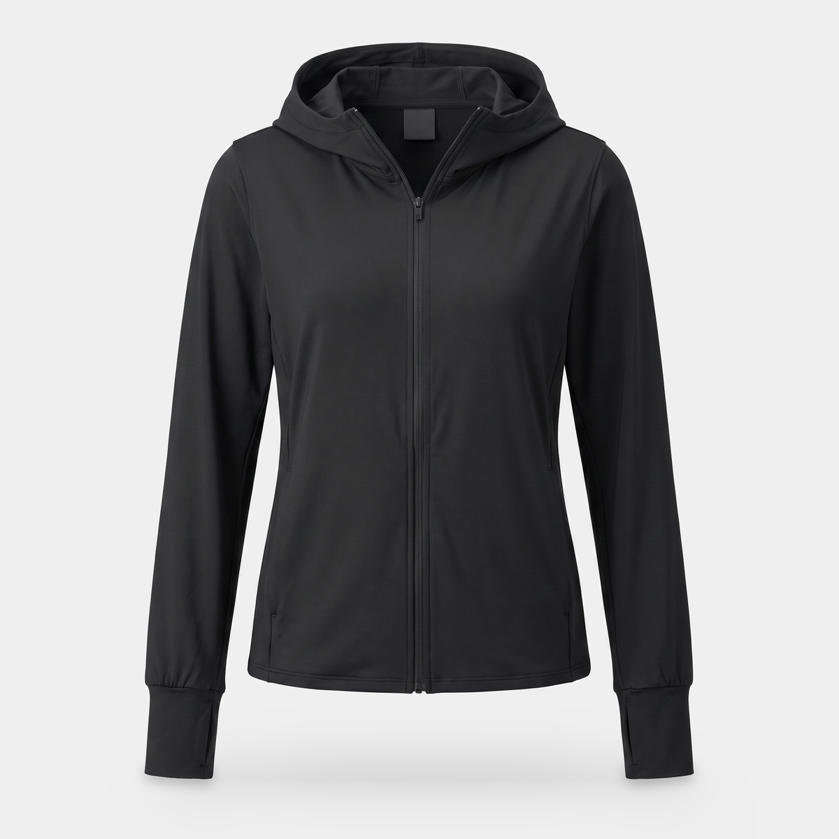 Women's zip-up sun hoodie in black, front view on an invisible mannequin