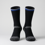 Black thermal ski socks with blue cuff stripe, front view