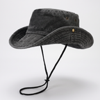 Wide brim sun hat in Black washed cotton with black chin cord
