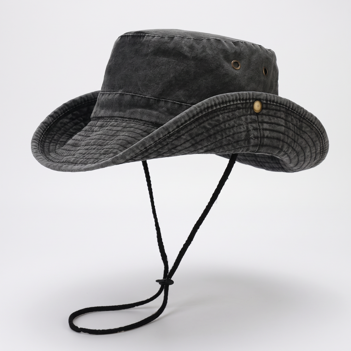 Wide brim sun hat in Black washed cotton with black chin cord
