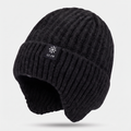 Black fleece lined ear flap beanie hat - full rounded crown, ear flaps hanging on both sides, GZ-ZM label