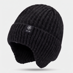 Black fleece lined ear flap beanie hat - full rounded crown, ear flaps hanging on both sides, GZ-ZM label
