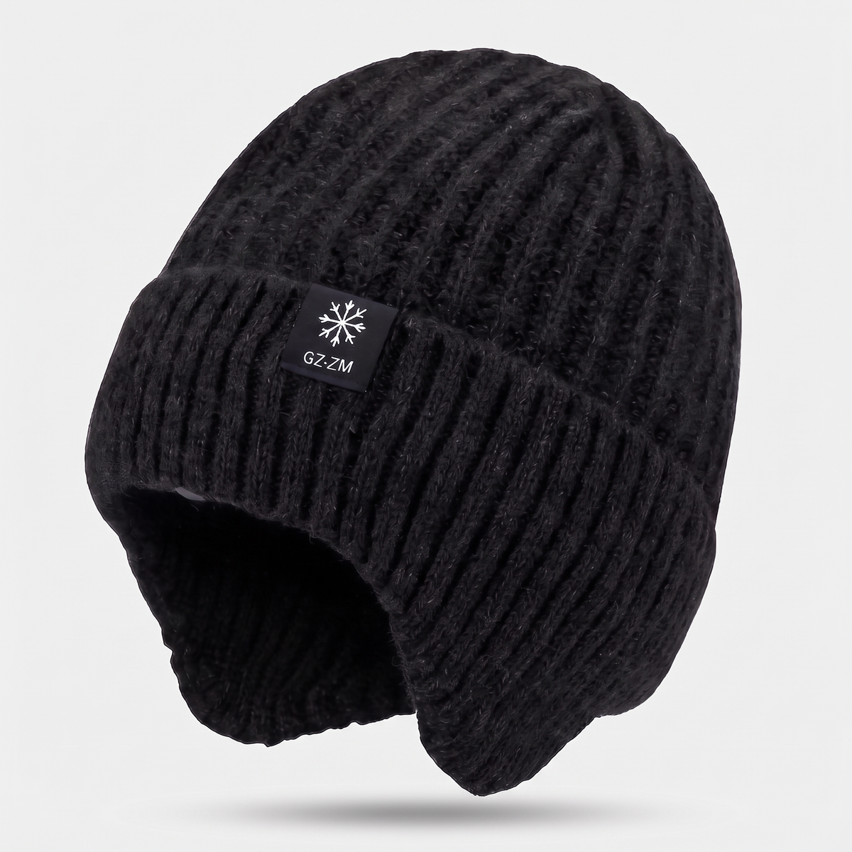Black fleece lined ear flap beanie hat - full rounded crown, ear flaps hanging on both sides, GZ-ZM label