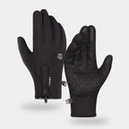 Winter cycling gloves in Black, back and palm, touchscreen fingertips, zip cuff and silicone grip palm