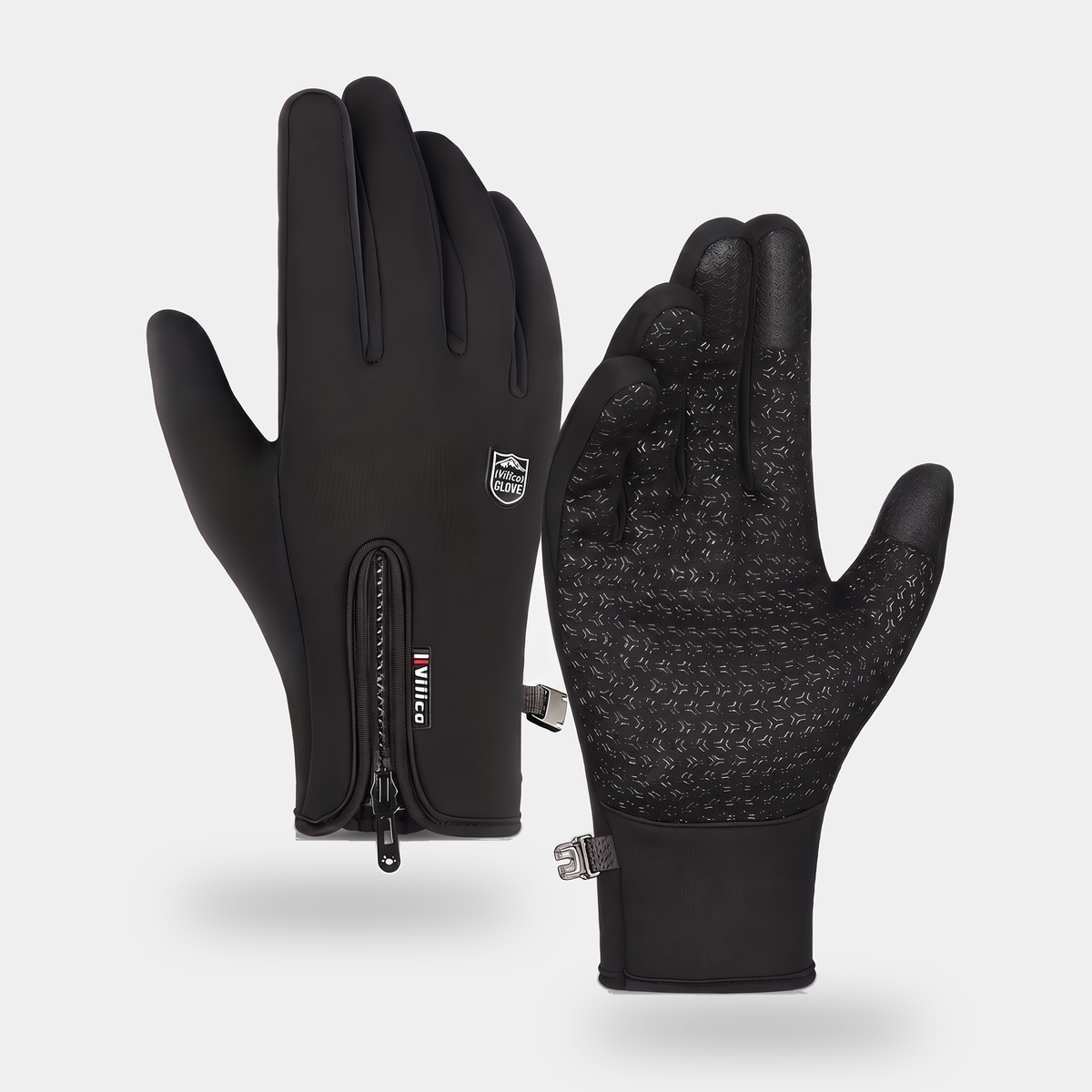 Winter cycling gloves in Black, back and palm, touchscreen fingertips, zip cuff and silicone grip palm