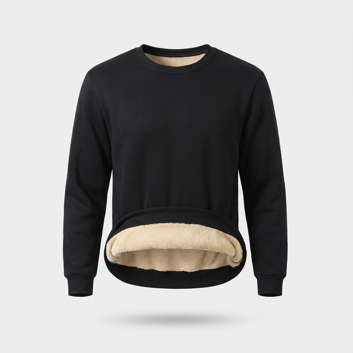 Men's crew neck sherpa jumper in black - front view ghost mannequin