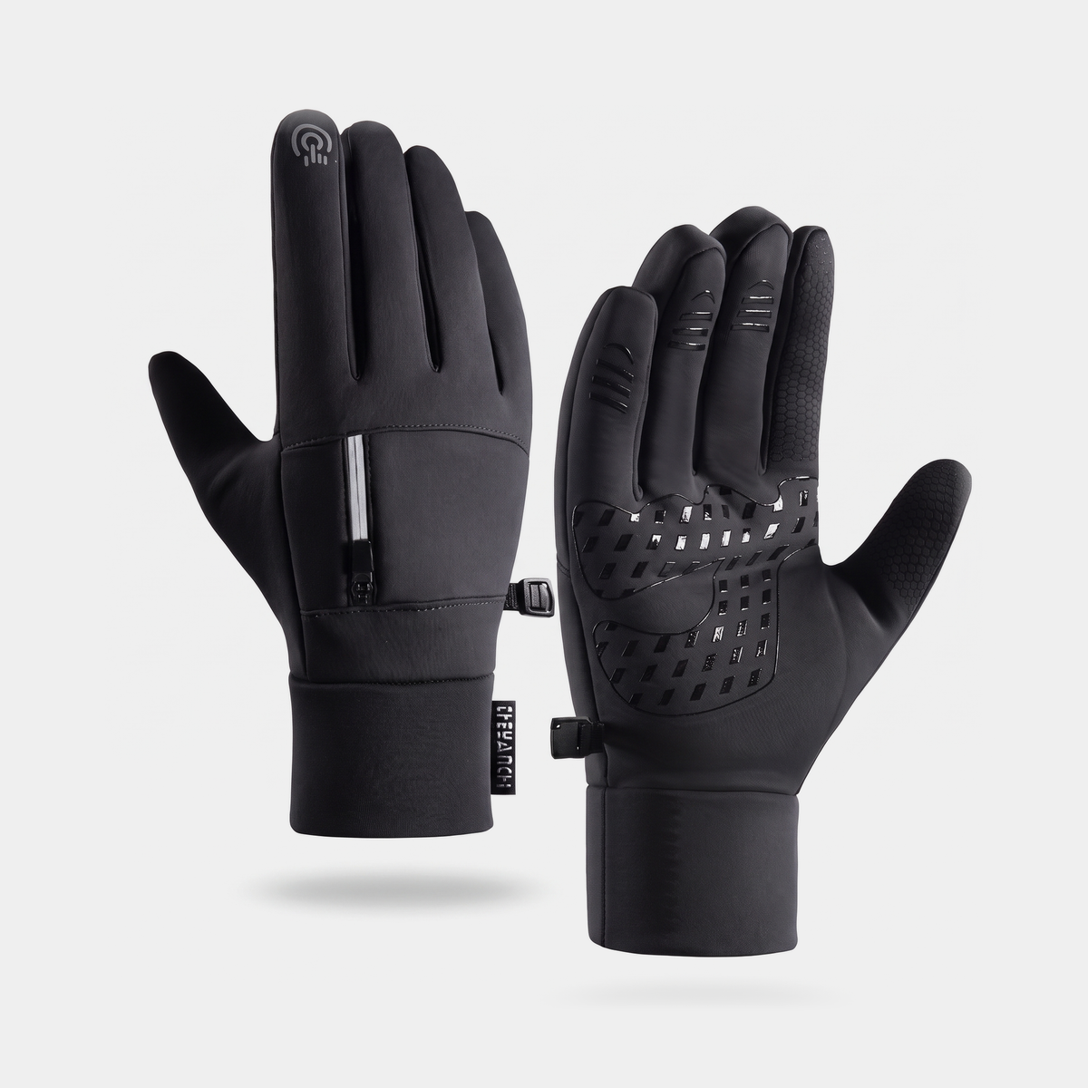 Running gloves in Black, back with zip pocket and palm with silicone grip