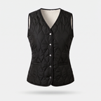 Women's quilted gilet in Black, fleece lined V-neck front with metal poppers and hip pockets