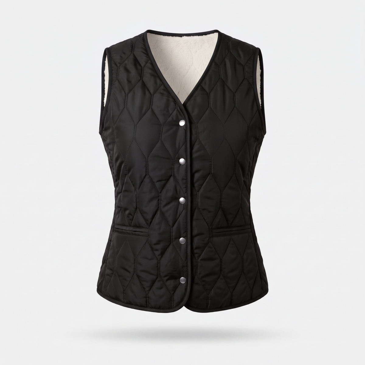Women's quilted gilet in Black, fleece lined V-neck front with metal poppers and hip pockets