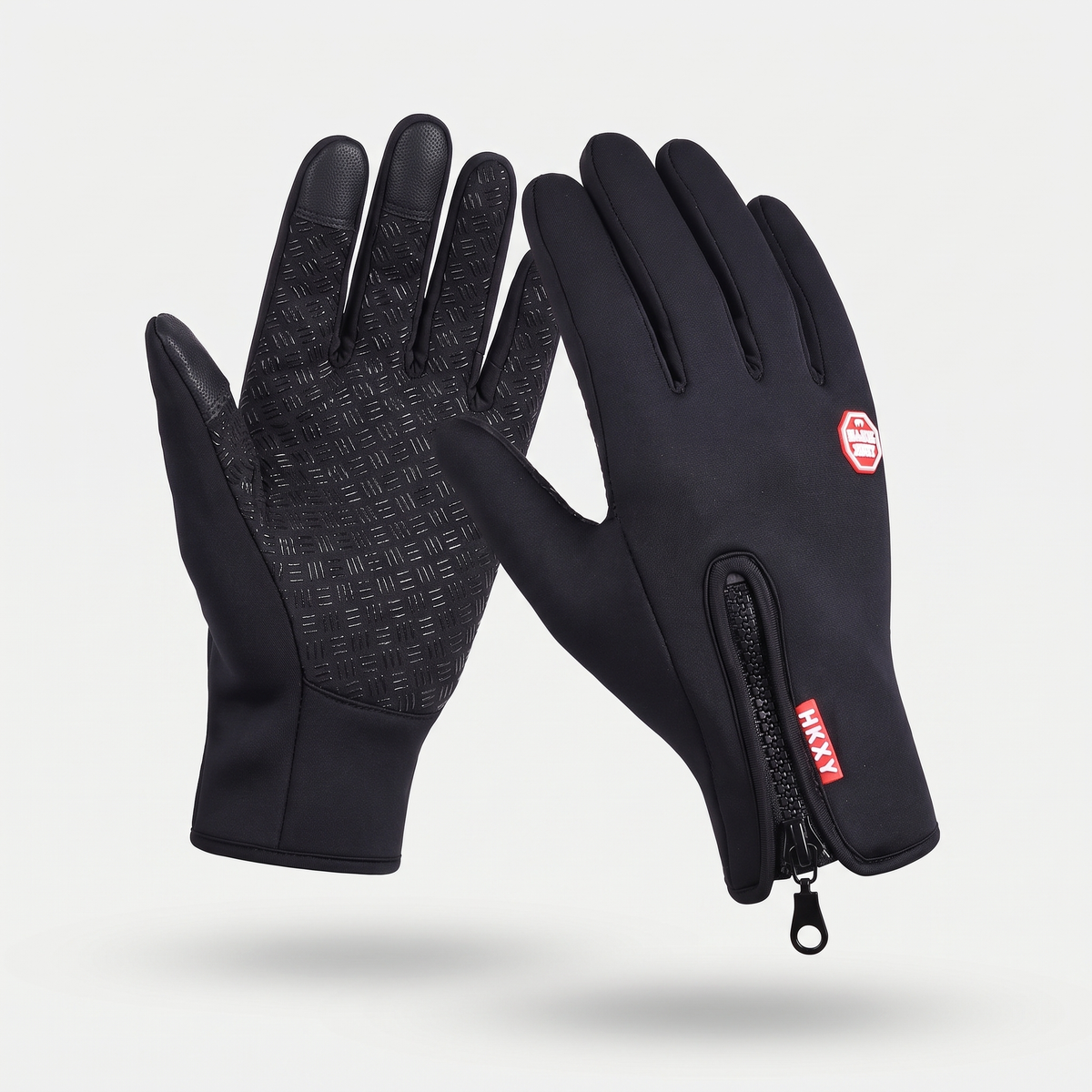 Touchscreen gloves in Black, palm and back, three touchscreen fingertips and zip cuff