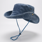 Wide brim sun hat in Blue washed cotton with matching chin cord