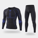 Men's ski base layer set in Black / Blue, black knit top and leggings with blue knitted lines and panels