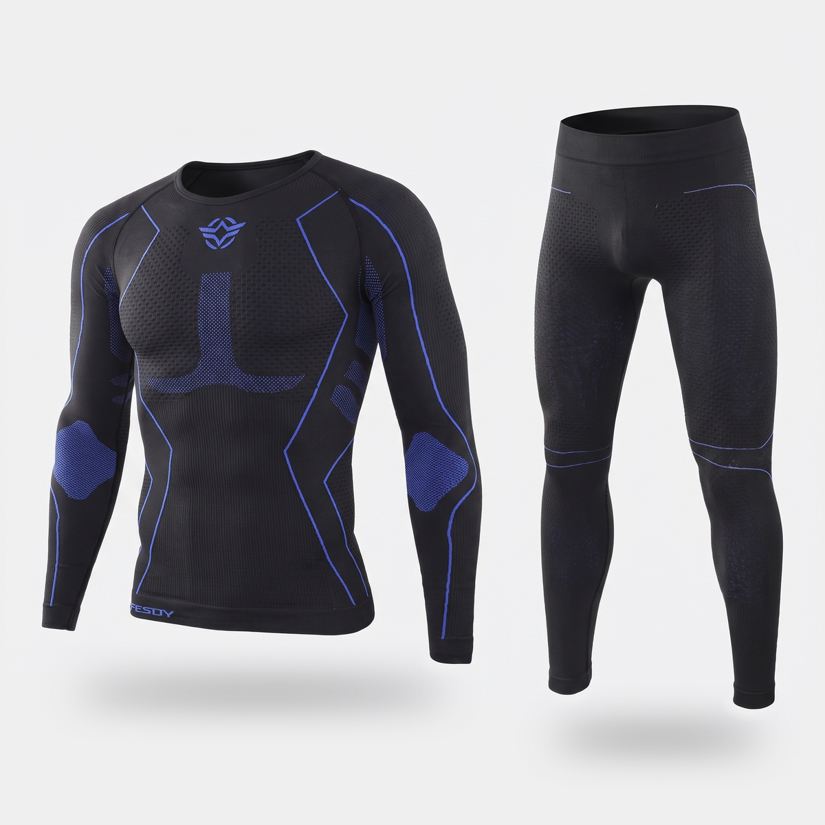Men's ski base layer set in Black / Blue, black knit top and leggings with blue knitted lines and panels