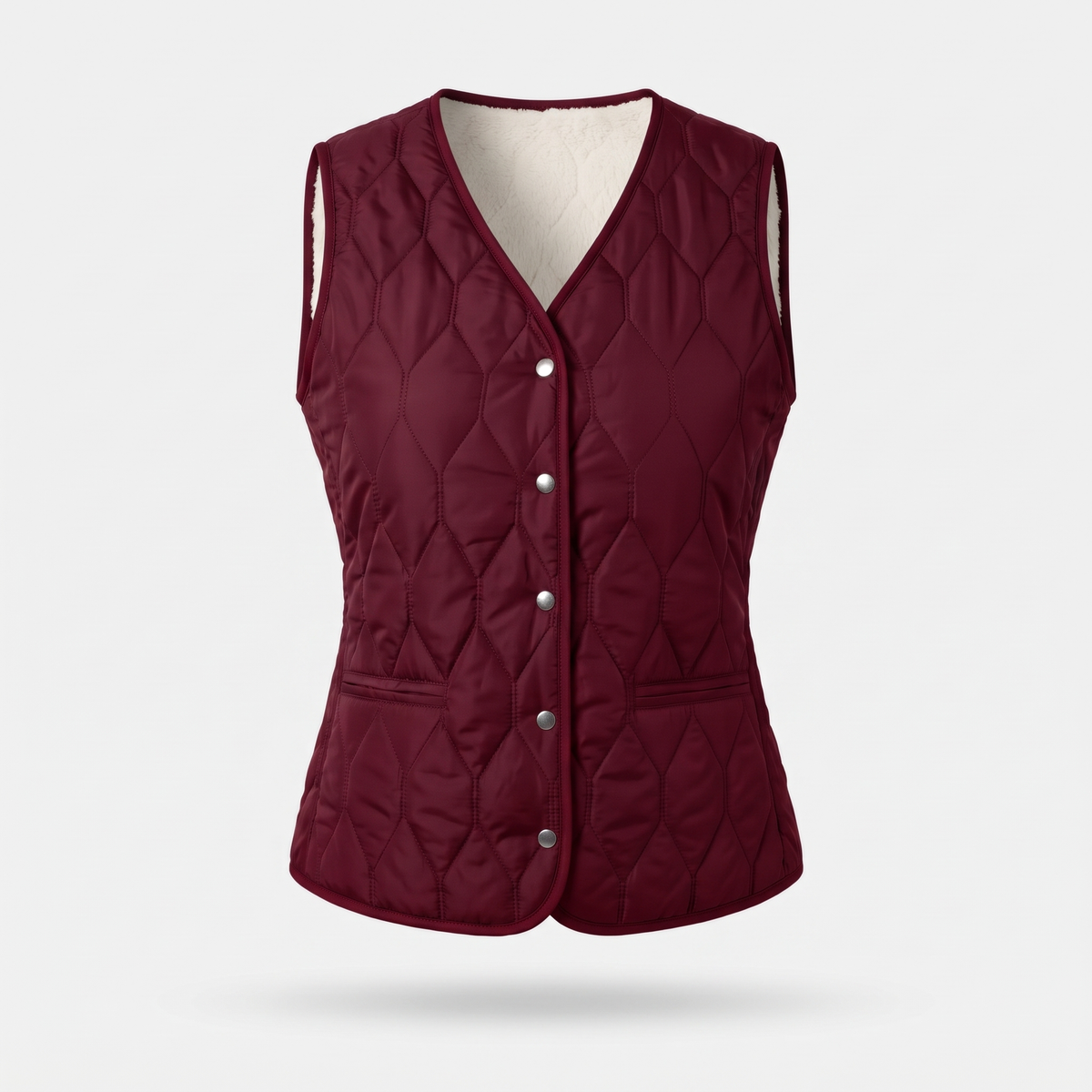 Women's quilted gilet in Burgundy, fleece lined V-neck front with metal poppers and hip pockets