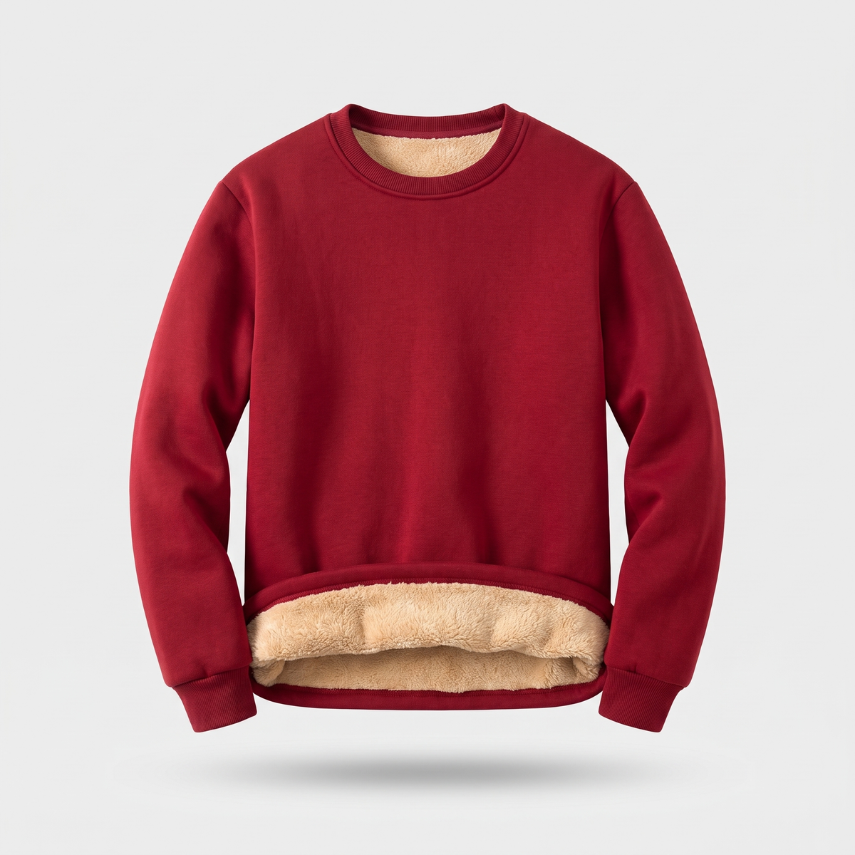 Men's crew neck sherpa jumper in burgundy - front view ghost mannequin