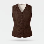 Women's quilted gilet in Coffee Brown, fleece lined V-neck front with metal poppers and hip pockets