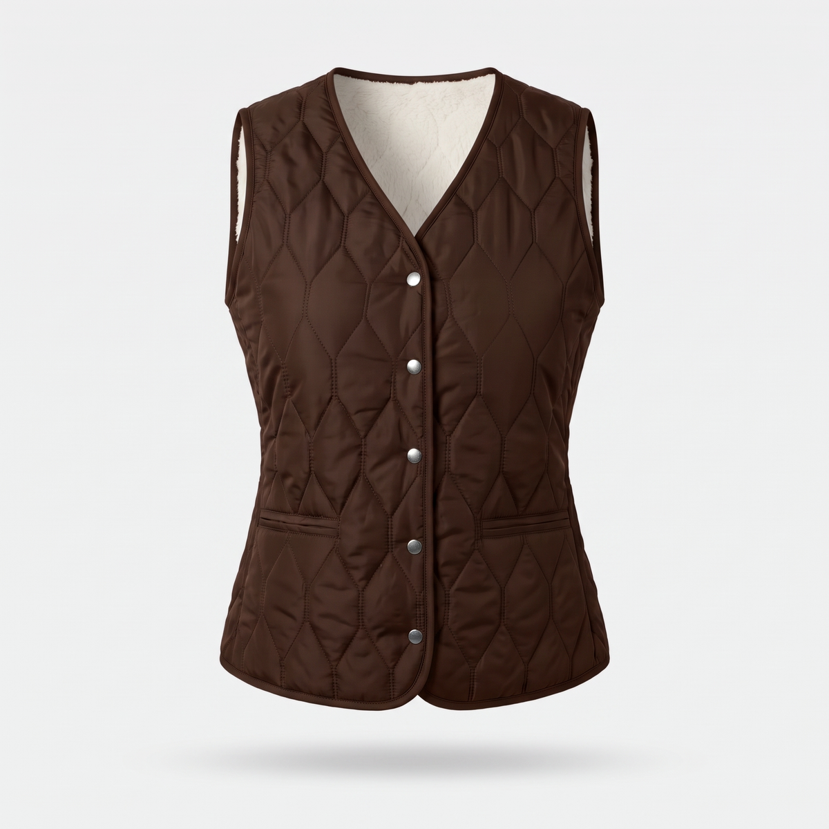 Women's quilted gilet in Coffee Brown, fleece lined V-neck front with metal poppers and hip pockets