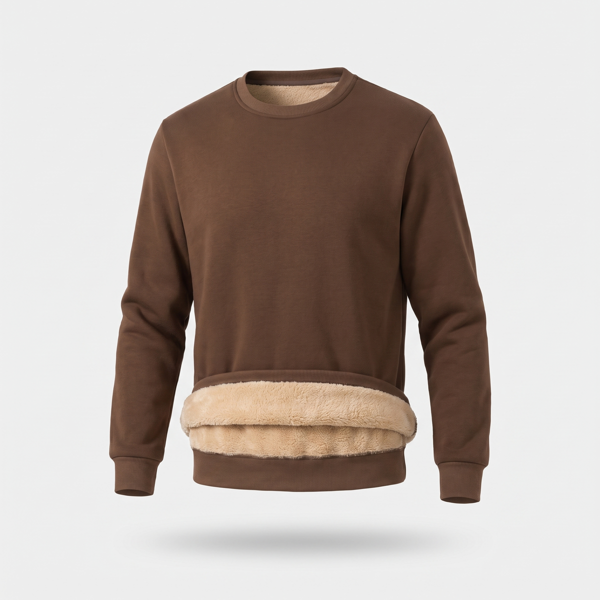 Men's crew neck sherpa jumper in coffee brown - front view ghost mannequin