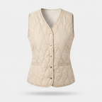 Women's quilted gilet in Cream, fleece lined V-neck front with metal poppers and hip pockets